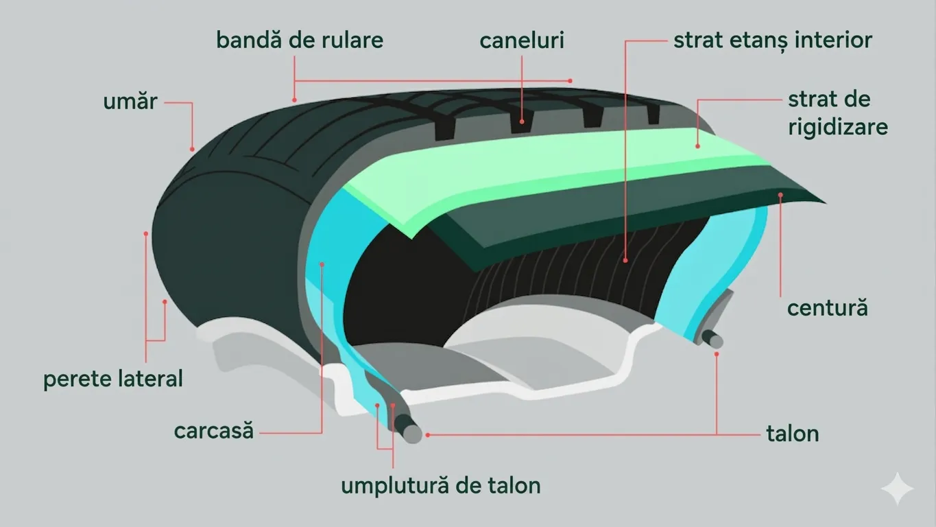 Diagramă tehnică detaliată a structurii unei anvelope auto, prezentând elemente precum banda de rulare, flancul, talonul și straturile interne de protecție